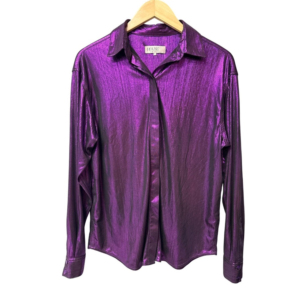 House of CB Button Down Women S Purple Metallic Shimmer Disco Glam Party Blouse - Picture 1 of 6